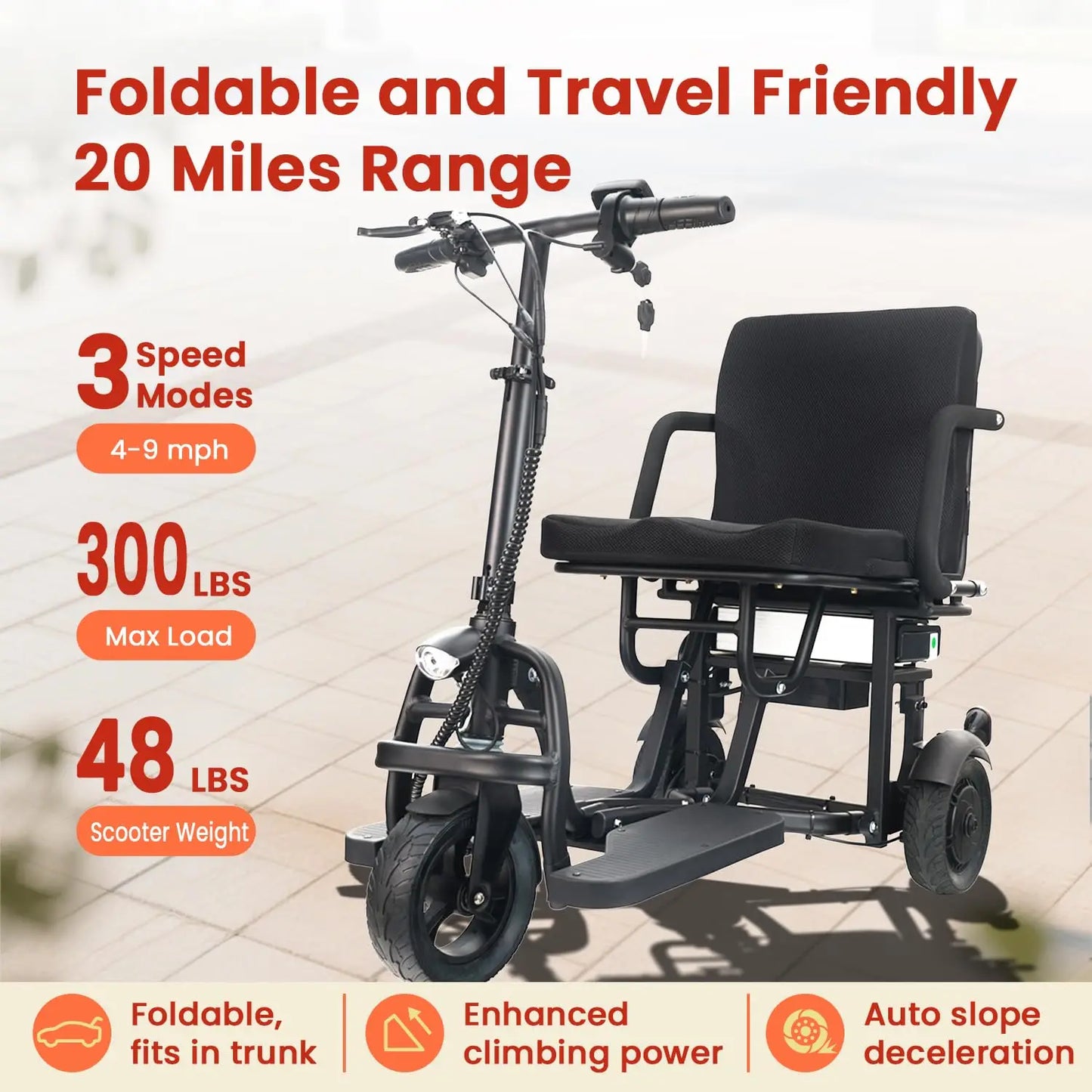 3 Wheel Folding Mobility Scooter All Terrain 9.3Mph 20Mile Range
