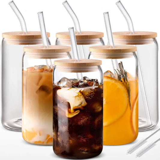 NONEDrinkware Glass Set With Bamboo Lids And Glass Straws