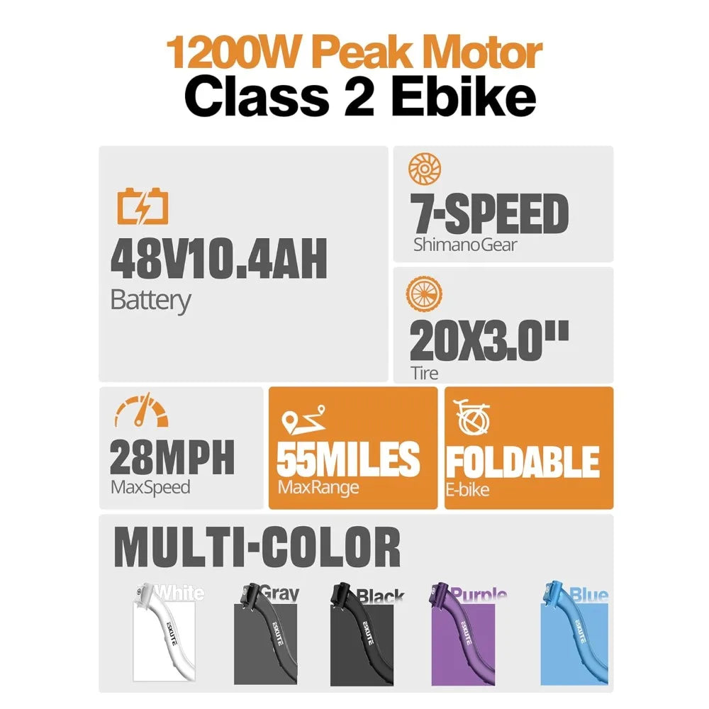 Electric Fat Tire Folding E Bike For Adults 1200W Peak