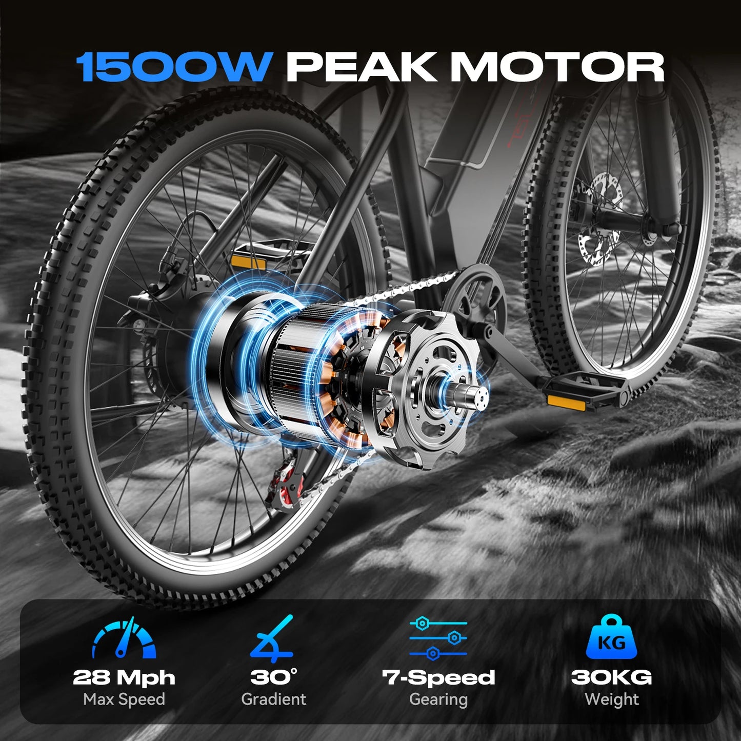Electric Mountain Bike 1500W Peak 60Mile Range 25 MPH UL2849