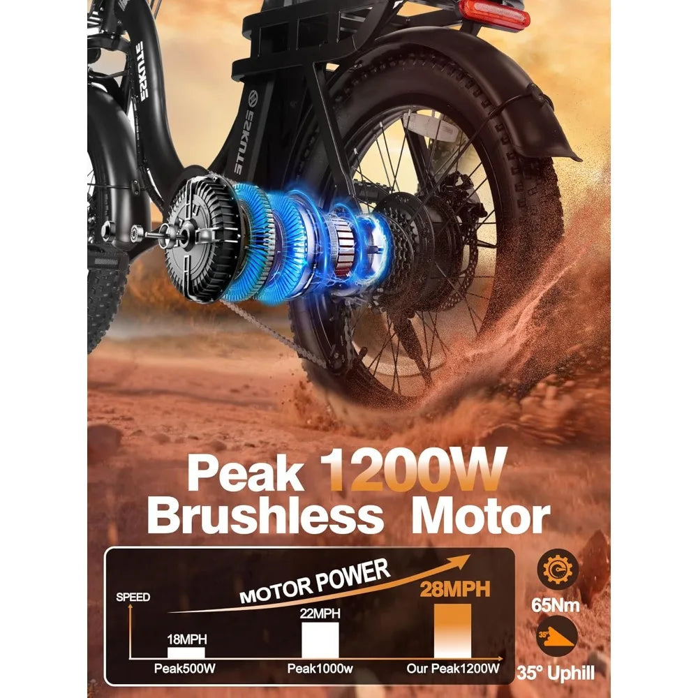 Electric Fat Tire Folding E Bike For Adults 1200W Peak